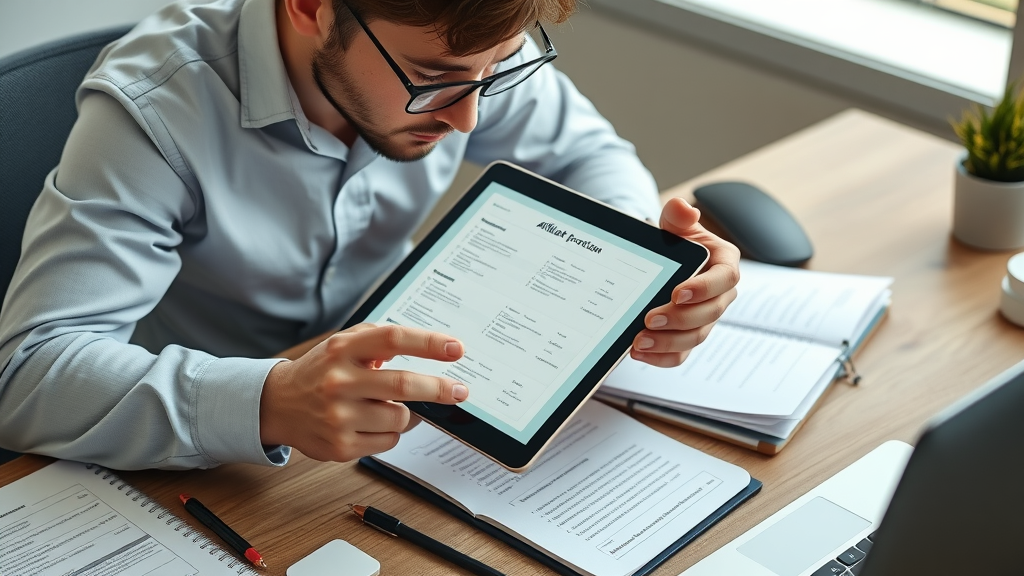 Meticulous marketer reviewing affiliate program checklists with digital tablet and organized desk