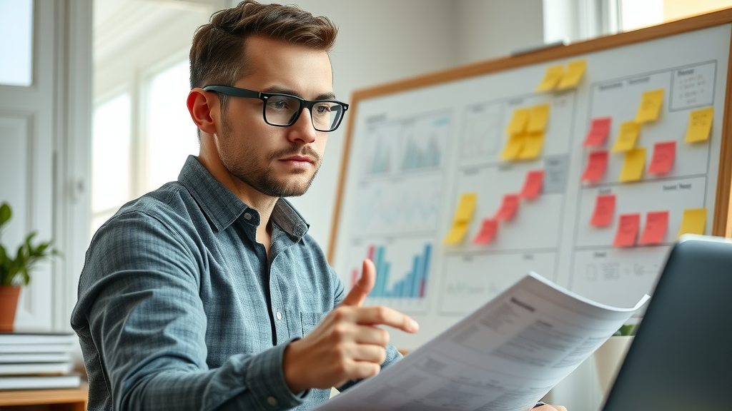 focused entrepreneur planning affiliate marketing business with books, whiteboard, and charts