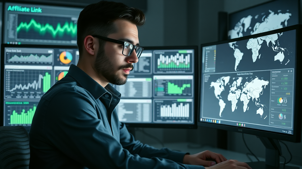 Analytical digital marketer tracking affiliate link performance, stats and global maps, dual-monitor setup, green-lit data