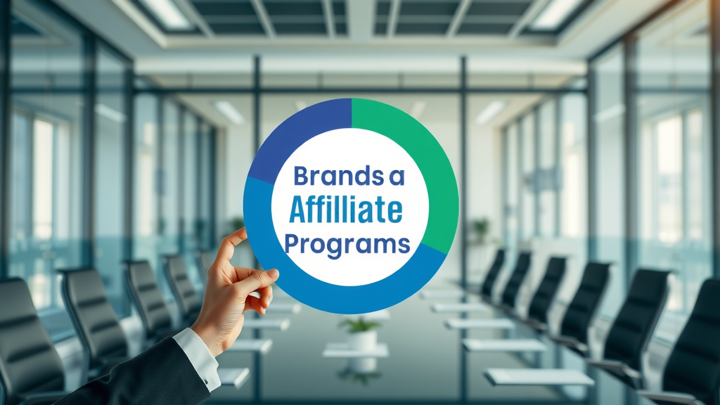 Pie chart showing percentage of brands running affiliate programs, affiliate marketing strategies in focus, corporate boardroom decor
