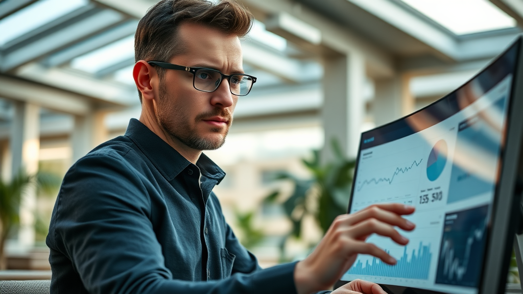 dedicated affiliate marketer analyzing performance dashboard in urban office