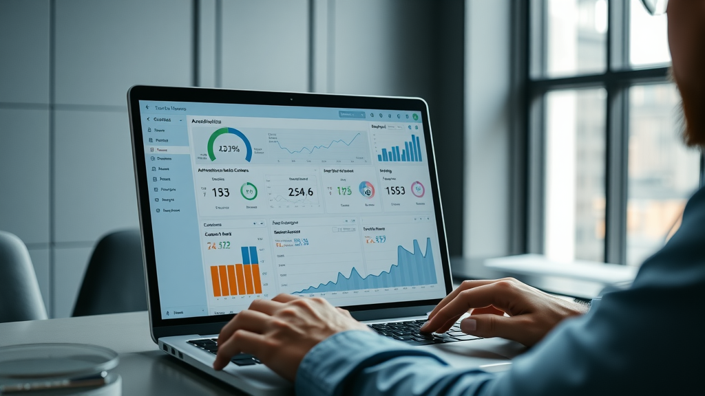 affiliate tracking dashboard: laptop analytics display showing conversion rate and attribution models
