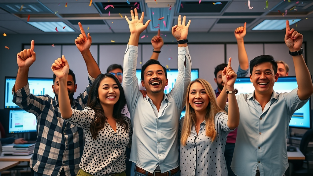 Collage of successful digital marketing campaigns with marketers celebrating results