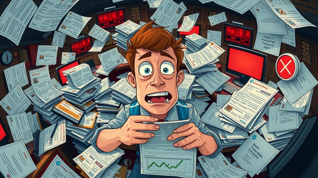 overwhelmed affiliate marketer with data overload: surrounded by tracking codes and analytics