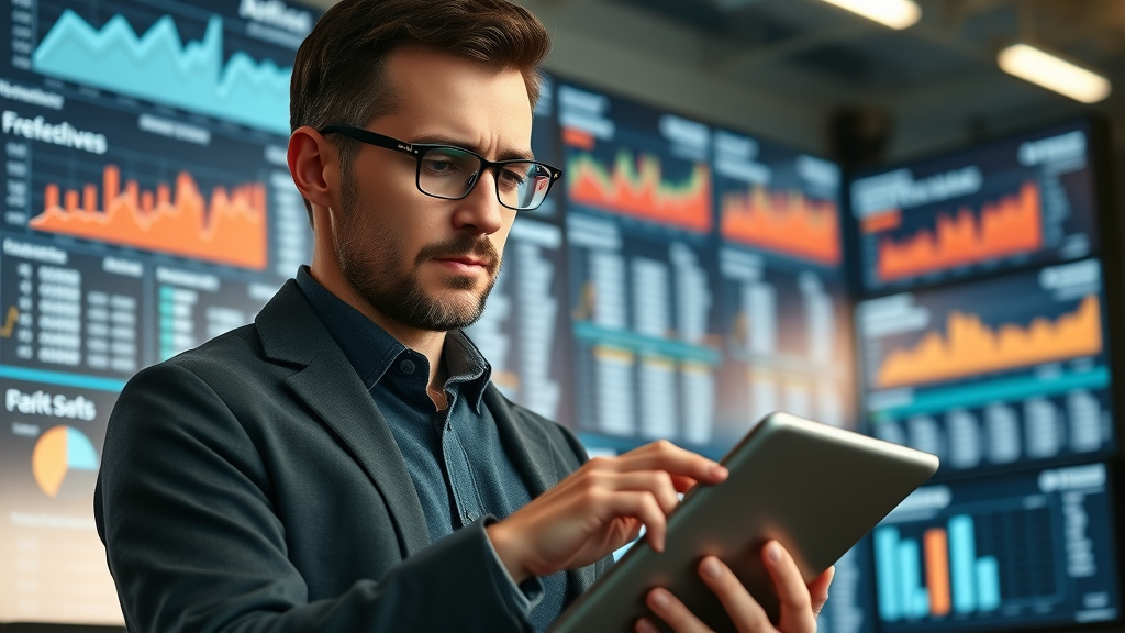 Insightful digital marketer analyzing social media affiliate promotion stats on screens