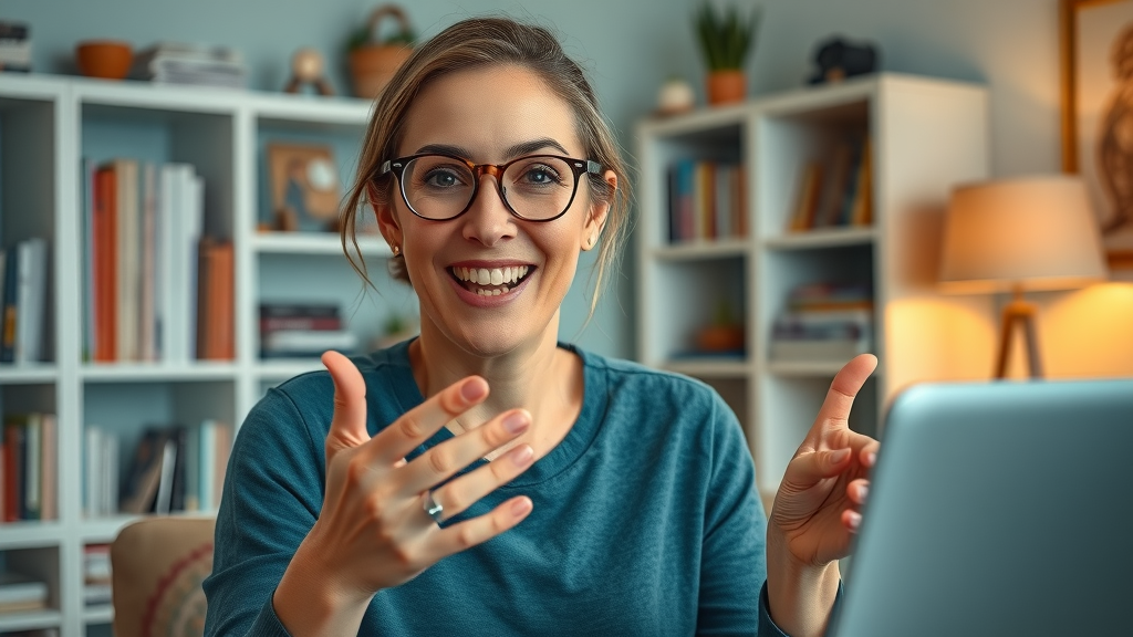Confident niche website owner speaking transparently to an online community, cozy home studio representing trust and open communication in affiliate marketing