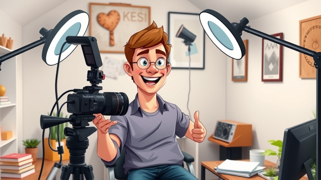 confident content creator recording an affiliate marketing tutorial in vibrant home studio - Building Authority No Audience