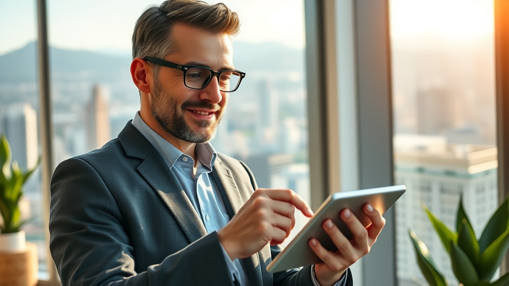 Successful business owner analyzing brand awareness growth on a tablet