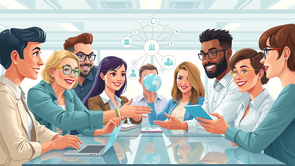 diverse group of people connecting brands and audiences, brainstorming affiliate marketing strategies