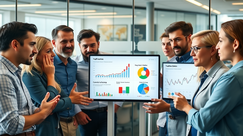 affiliate traffic analytics infographic: digital marketers analyzing traffic source statistics and affiliate revenue charts in a modern office