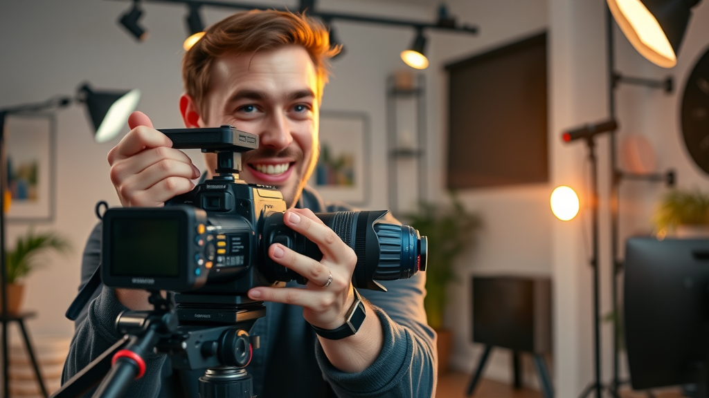 dynamic affiliate vlogger recording YouTube review with modern studio lighting and affiliate content visuals