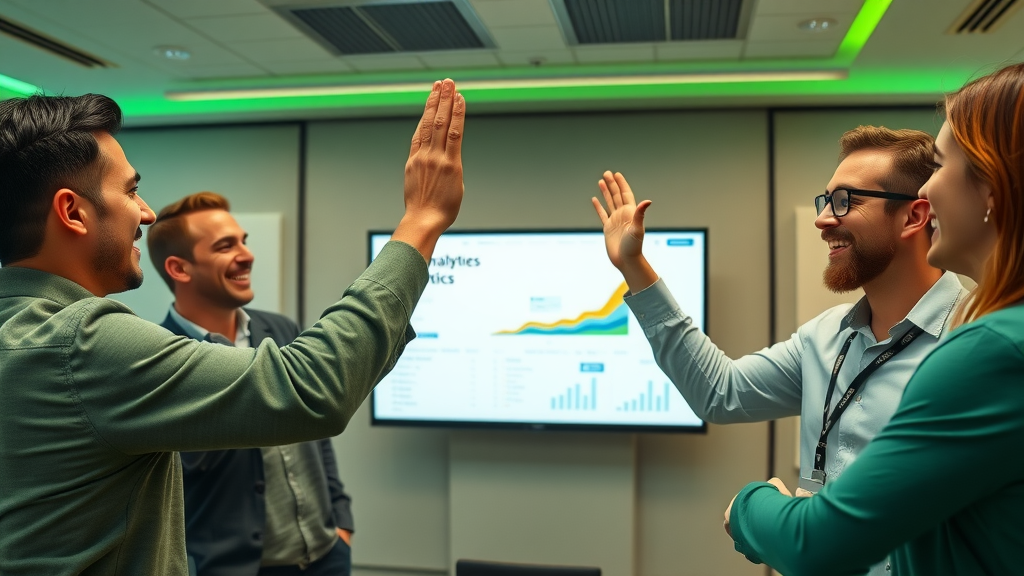 affiliate team celebrating case study analytics growth in a seminar room