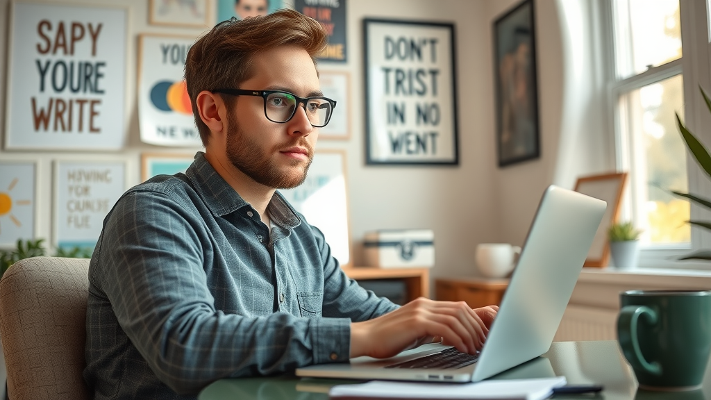 writer creating engaging affiliate content, typing product review for affiliate marketing from scratch