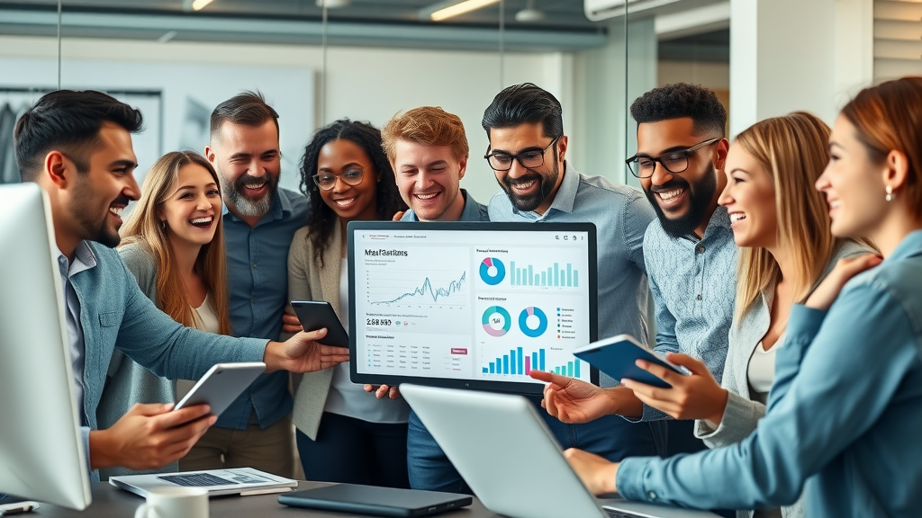 dynamic group of diverse marketers collaborating in a modern office with digital affiliate dashboards, affiliate marketing strategies