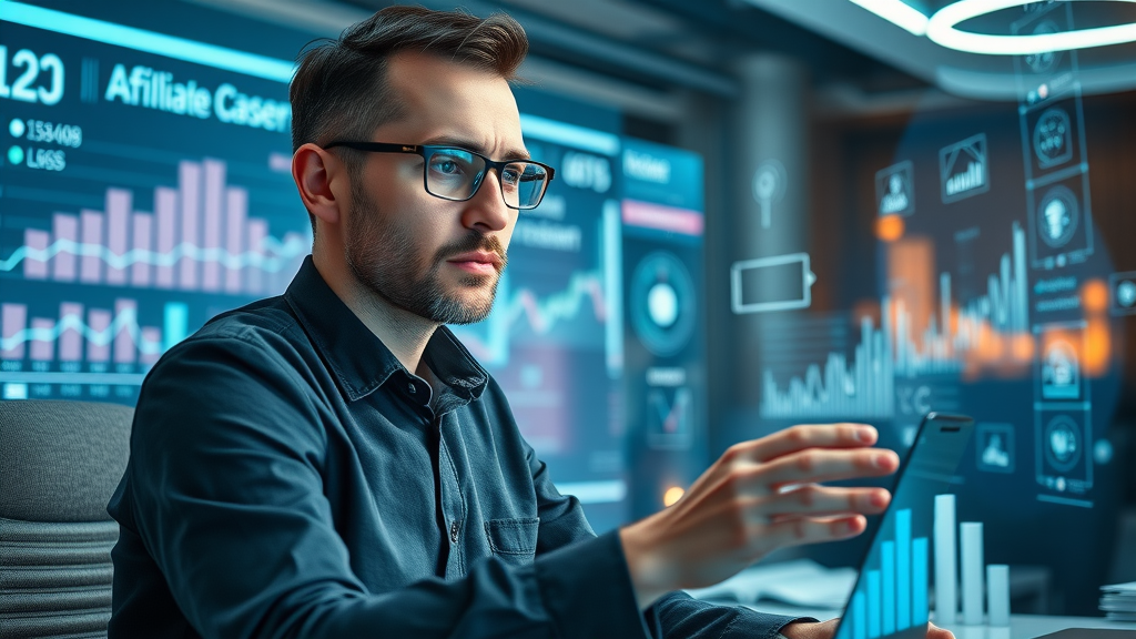 Innovative marketer using AI software for affiliate marketing with no followers, futuristic office, holographic data, automation tools