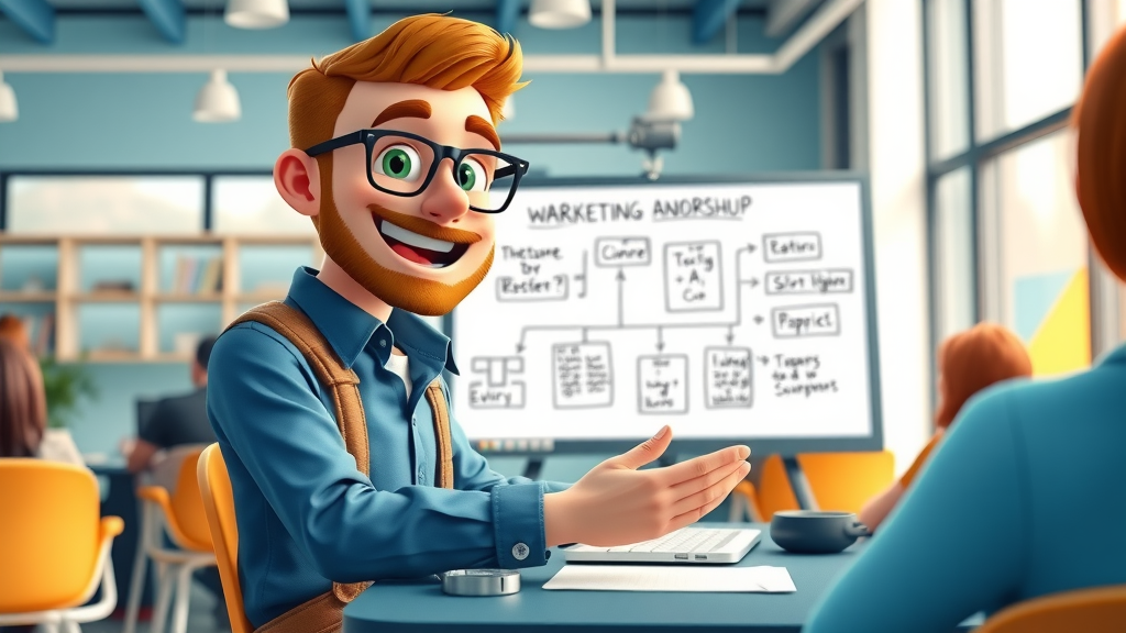 Imaginative entrepreneur teaching affiliate marketing through an online workshop to a virtual audience, co-working space