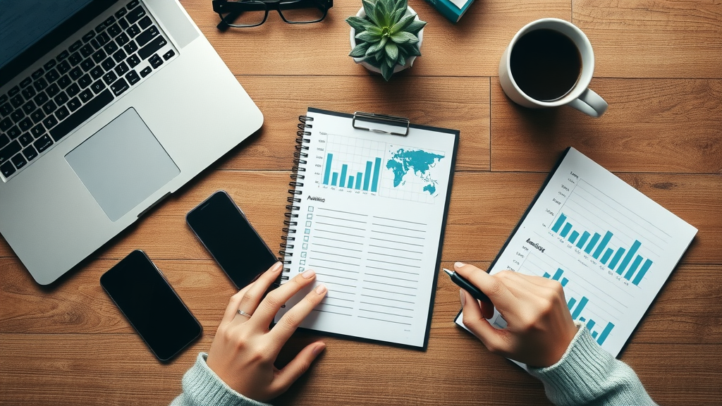 Essential digital marketing and affiliate tools: laptop, charts, smartphone, checklist, on desk