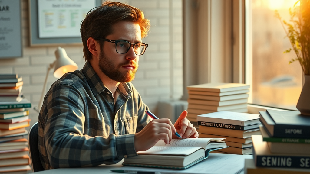 affiliate blogger planning seo-driven content for marketing without social media by a sunlit desk