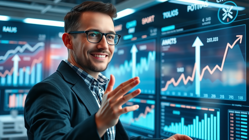 Digital marketer tracking ROI growth and cost per acquisition improvements on futuristic analytics display