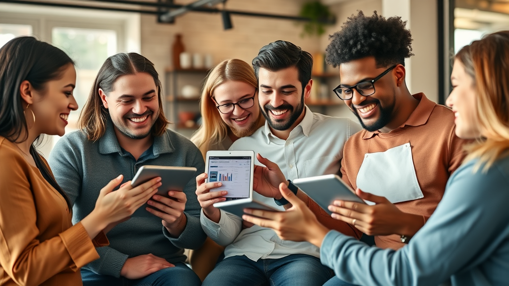 Energetic micro-influencer team collaborating on affiliate marketing stats, coffee shop, group interaction, affiliate dashboard