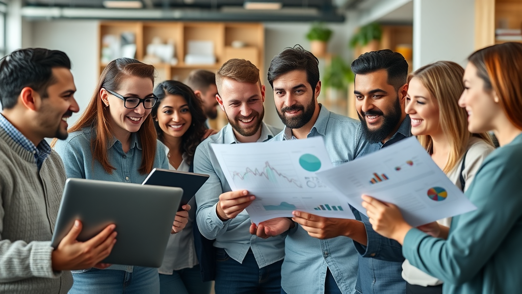 engaged group of diverse digital marketers analyzing charts and laptops in a vibrant coworking office - affiliate marketing beginners