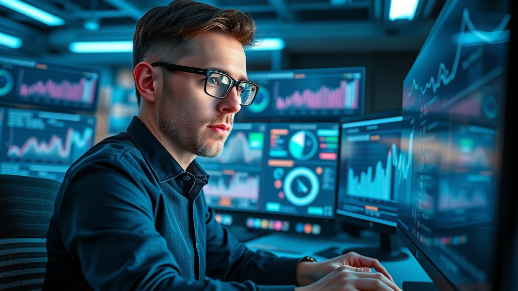 Marketer analyzing affiliate data in a high-tech office, futuristic dashboards highlighting affiliate program performance and A/B testing results