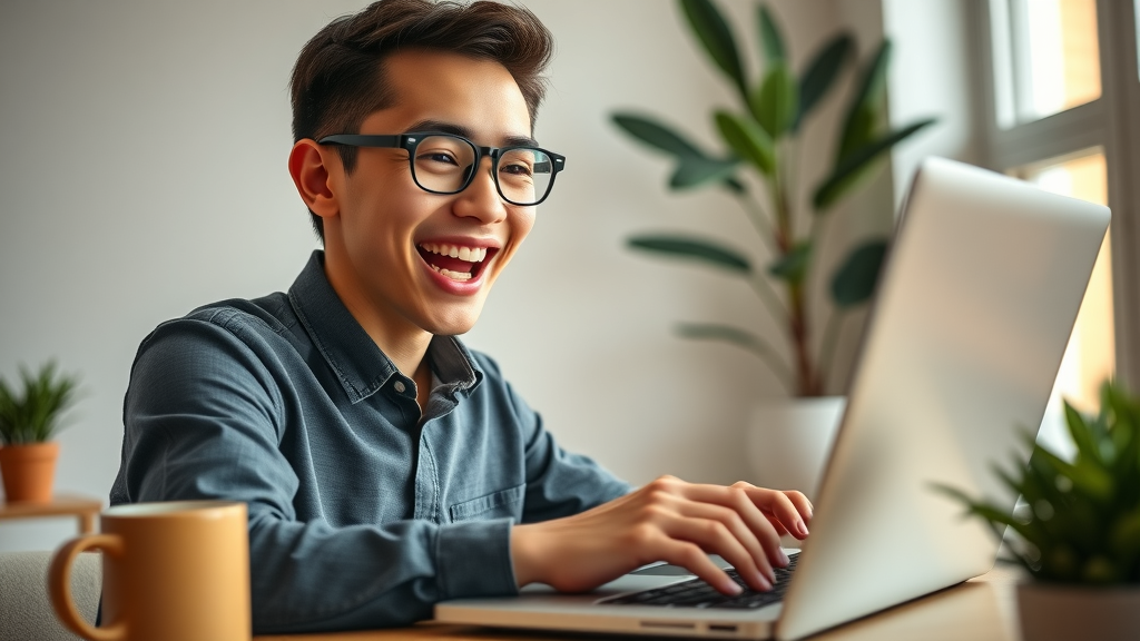Professional registering for Amazon Associates on laptop, cheerful expression in a cozy workspace with natural light, showing affiliate account sign-up