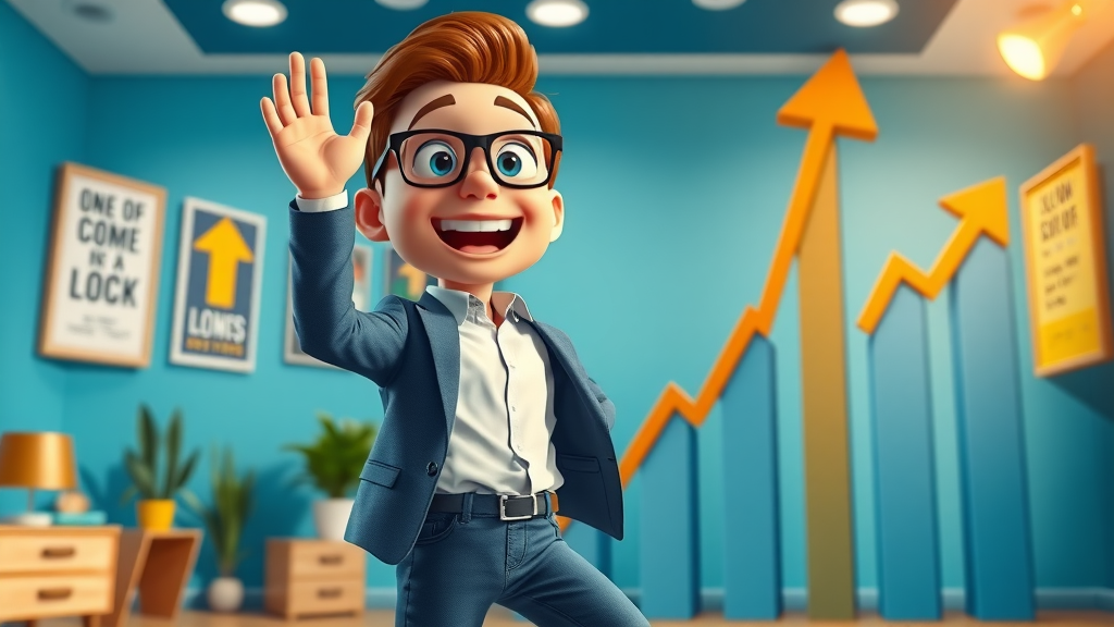 Ambitious entrepreneur represented as a 3D cartoon ascending an upward bar chart, vibrant office showing affiliate program growth and motivation