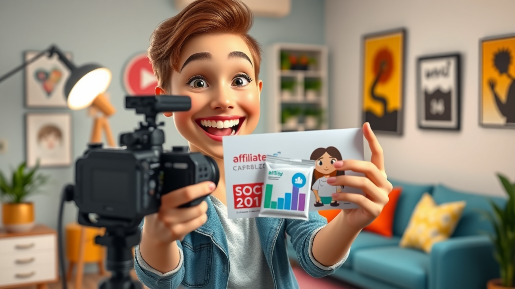 Social media influencer recording promotional video for affiliate product in home studio