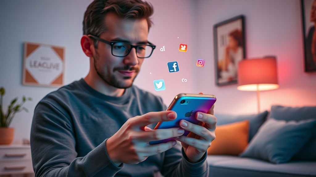 Creative marketer strategizing on smartphone with social media platform icons and affiliate links in lively apartment