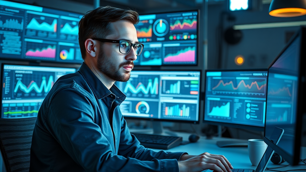 innovative content manager using affiliate marketing software in a futuristic digital workspace