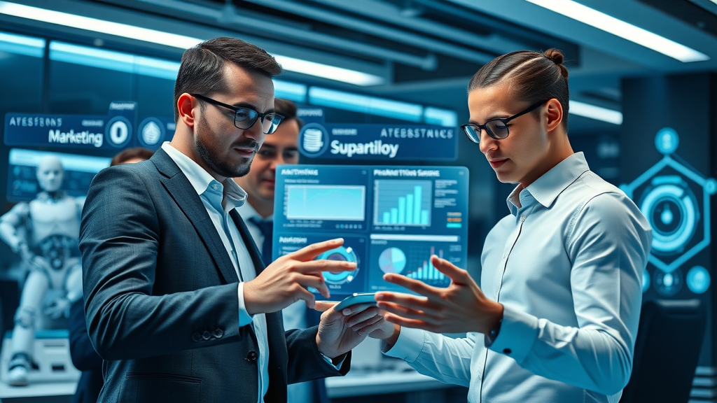 Business team automates digital marketing workflow with futuristic tech