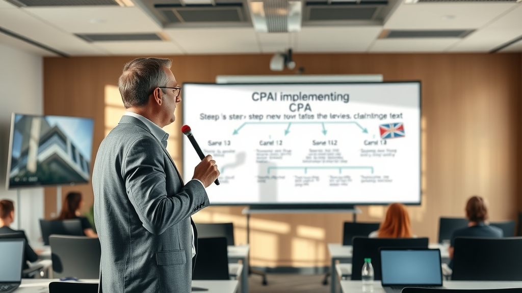 Marketing consultant presenting cost per acquisition model implementation on interactive whiteboard to team