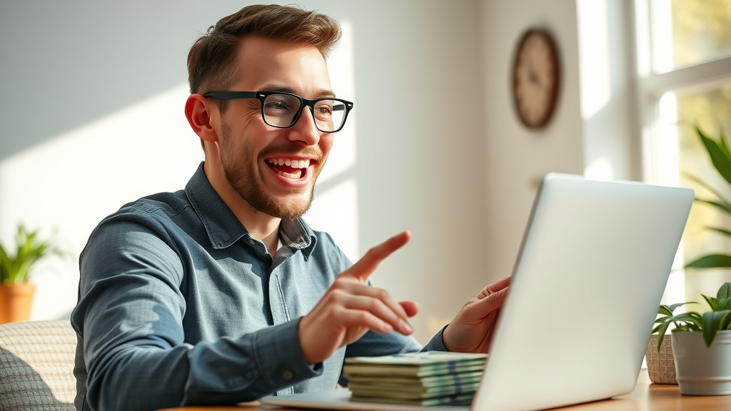 Confident affiliate entrepreneur celebrating affiliate income growth with financial reports and dollar bills