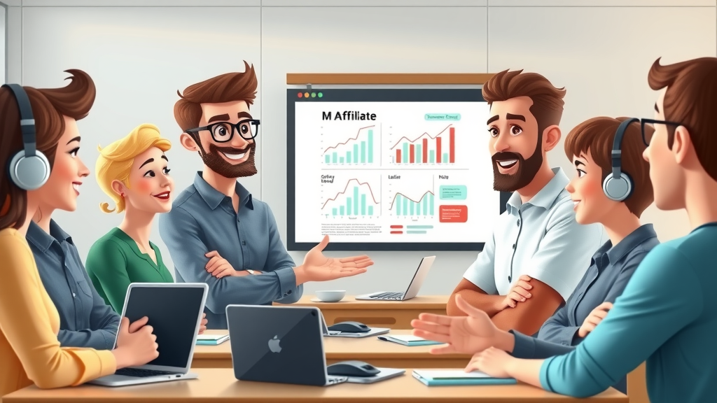 Teacher explaining affiliate marketing tips for newbies to students using technology and affiliate graphs