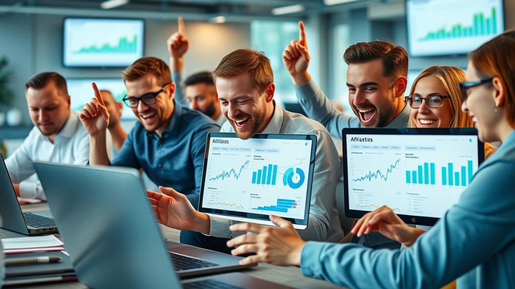 affiliate marketing platforms dynamic collage digital marketing professionals dashboards vibrant workplace analytical charts