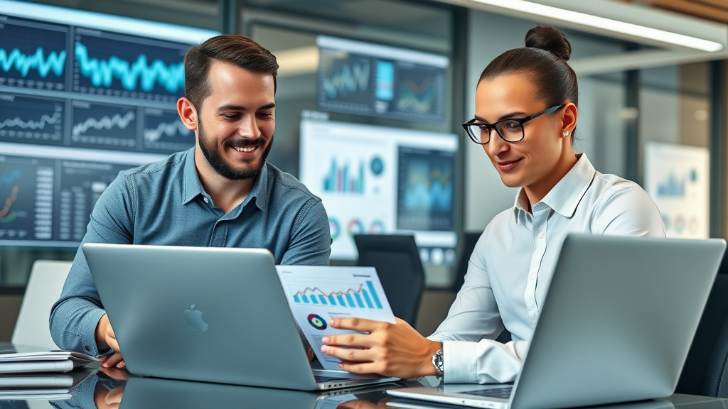 Professional affiliate marketers analyzing paid traffic for affiliates data charts, reviewing performance metrics on laptops in a modern office environment.