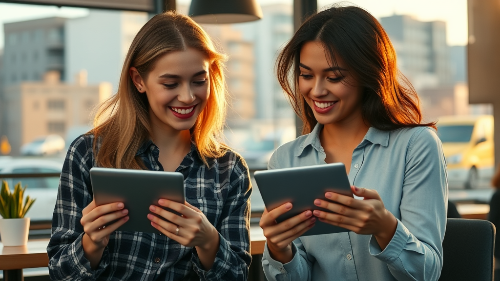 Two influencers collaborating on affiliate marketing strategies at a city-view coffee shop with digital tablets