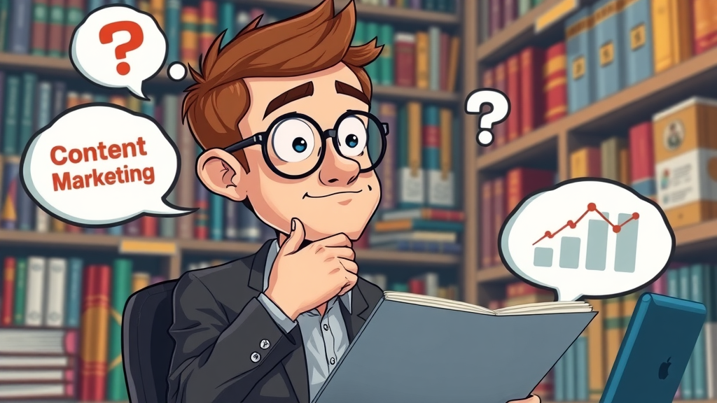 curious marketer researching content affiliate marketing basics with digital icons and animated bubbles