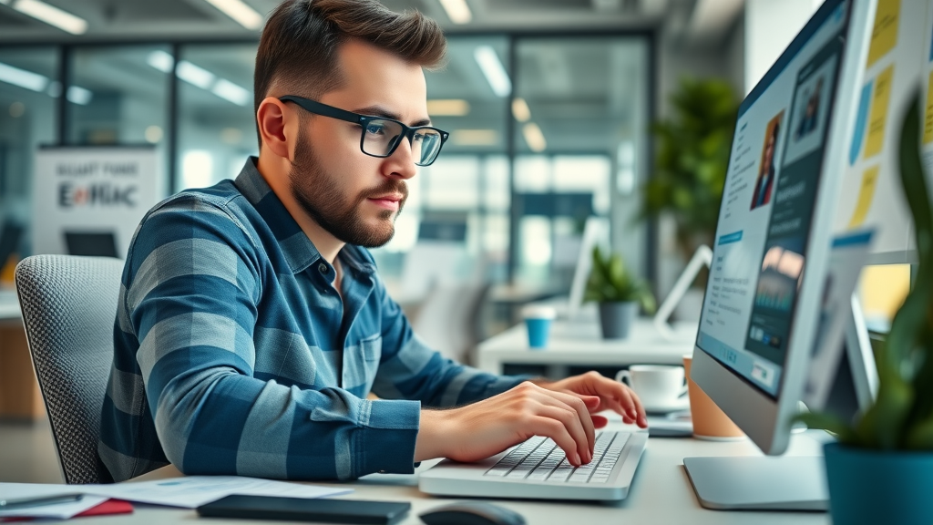 A vivid marketer planning an email campaign for affiliate marketing affiliate campaigns, modern office, focus on tech and notes