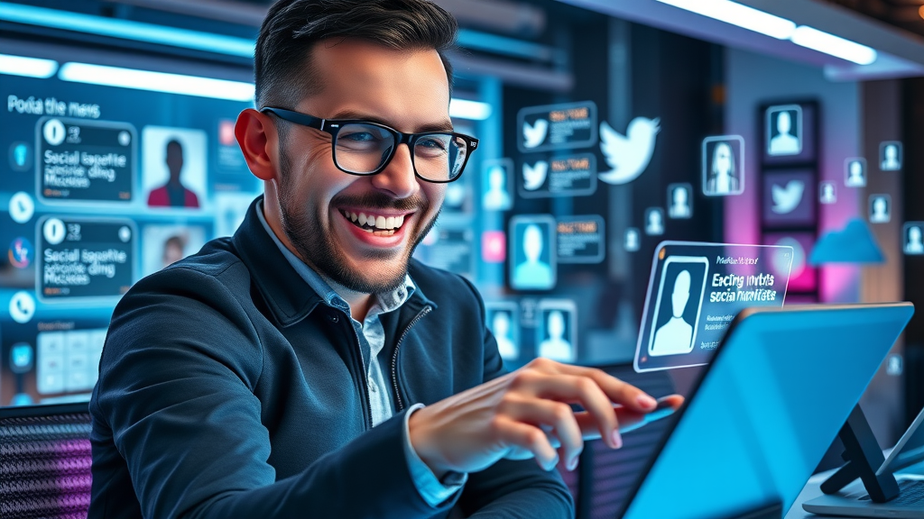 performance marketing models social media advertising across devices in a futuristic workspace