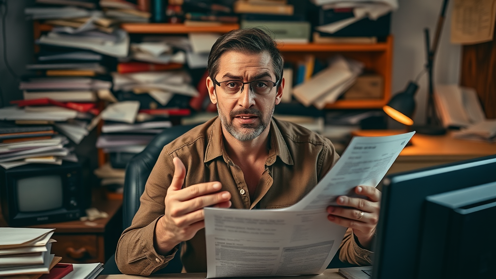 cautionary scene overwhelmed affiliate marketer messy paperwork untracked data chaos home office