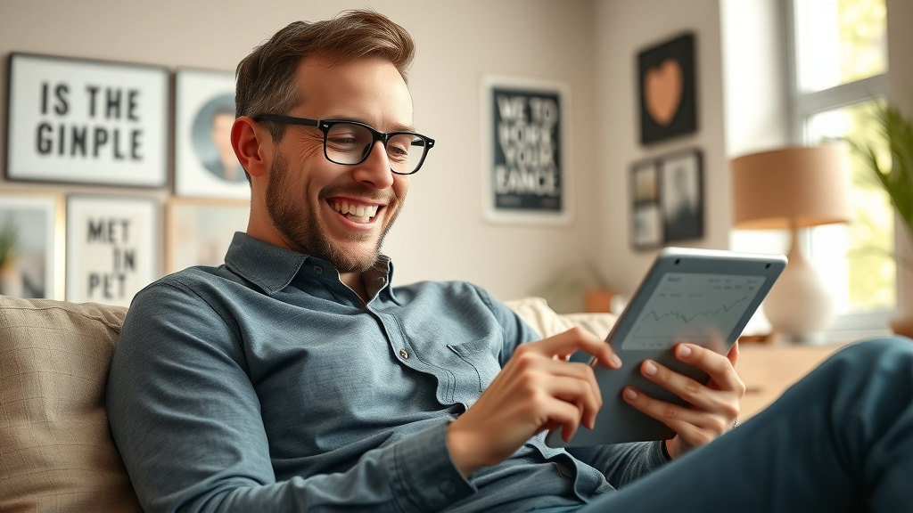 Entrepreneur enjoying passive income from affiliate commissions on tablet at home