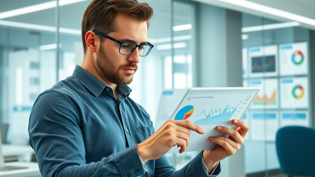 Analyst reviewing affiliate marketing KPI dashboard with conversion graphs and key performance indicators in modern office
