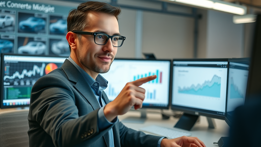 Confident professional reviewing affiliate program charts and commission rate data for affiliate marketing success