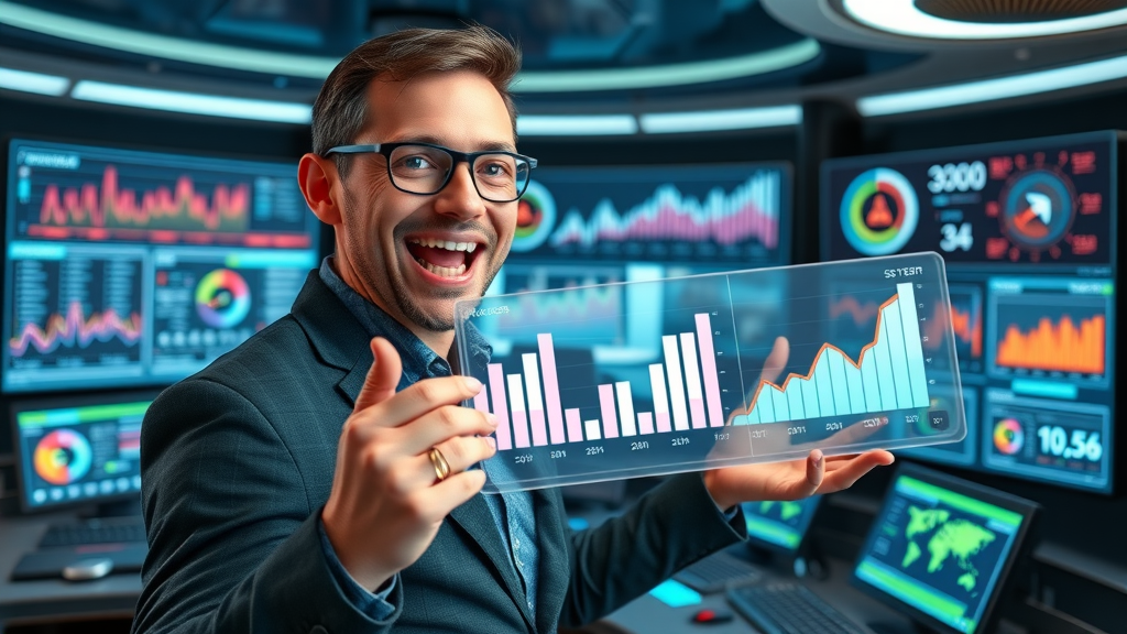 Cheerful affiliate marketer presenting online visibility statistics and increased web traffic