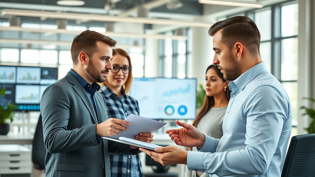 Affiliate promotion techniques - marketers collaborating, analyzing digital marketing strategies in an open-plan office