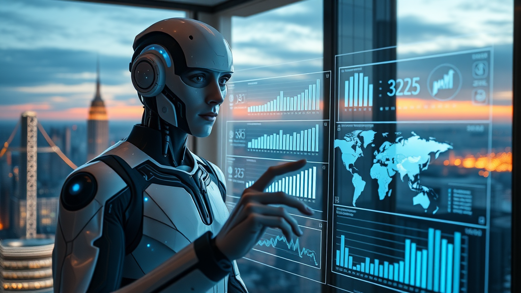 Futuristic marketing AI reviewing global trend data on high-tech digital display