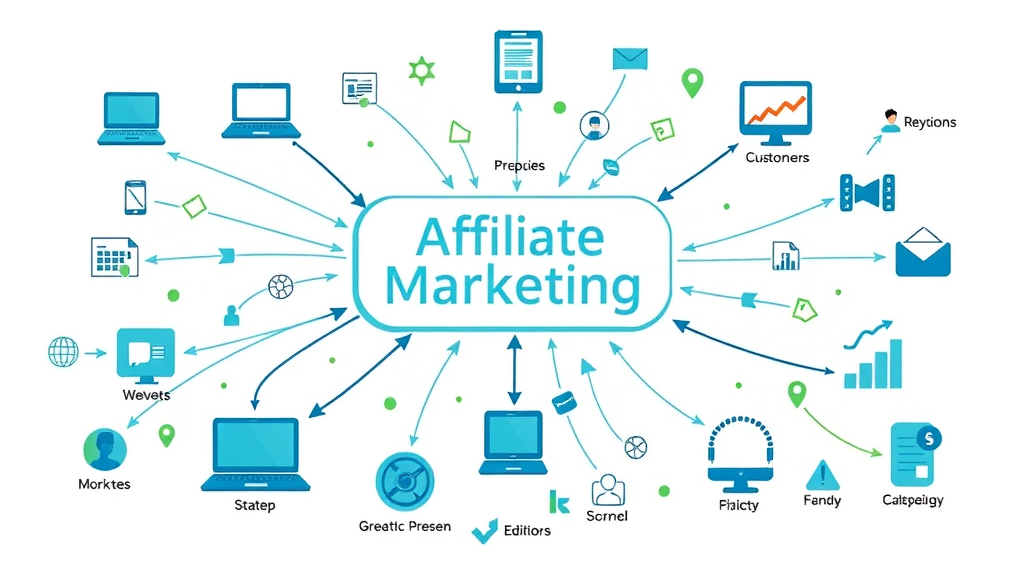 Infographic diagram of affiliate marketing flows, affiliate network, brands, and customer connections