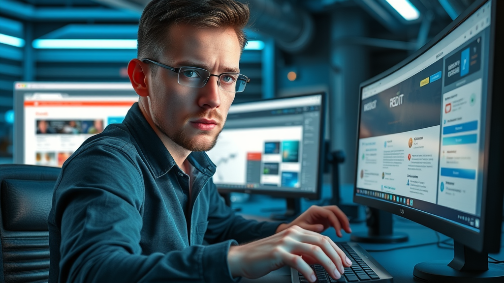 Affiliate marketer without followers using Reddit and Quora, navigating forums, digital interfaces, tech-savvy workspace, LED backlighting